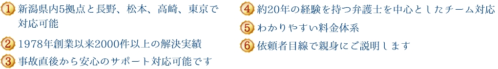 (1)新潟県内５拠点＋東京、長野、高崎で対応可能 (2)1978年創設以来600件以上の解決実績 (3)事故直後から安心のサポート対応が可能です (4)約20年の経験を持つ弁護士を中心としたチーム対応 (5)わかりやすい料金体系 (6)依頼者目線で親身にご説明します